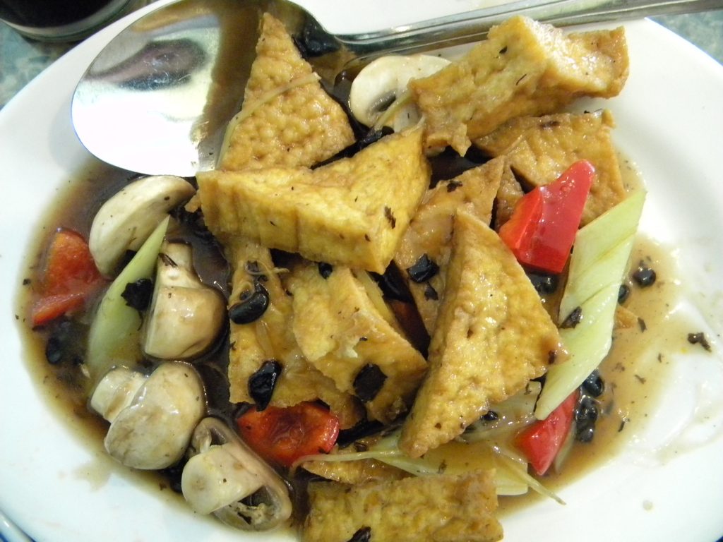 Deep fried tofu in black bean sauce.